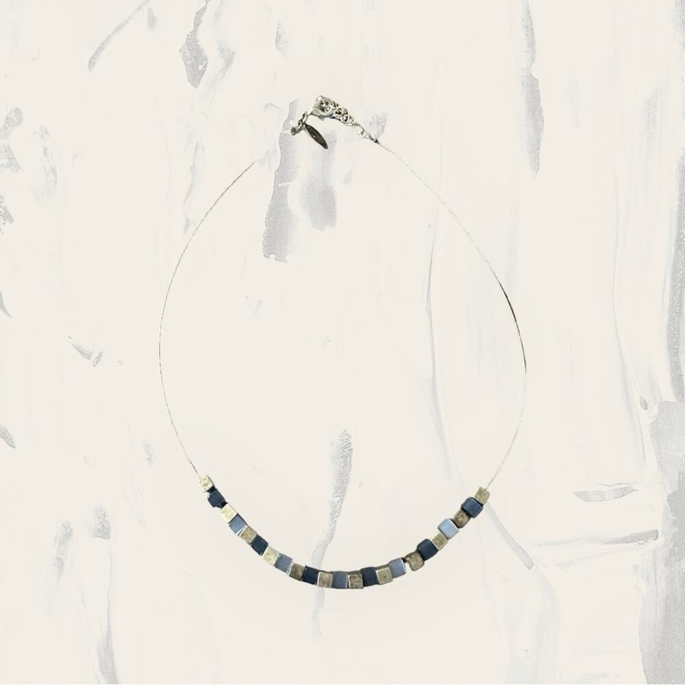 Express Silver Toned Blue & Gray Square Beaded Necklace Lobster Claw Closure